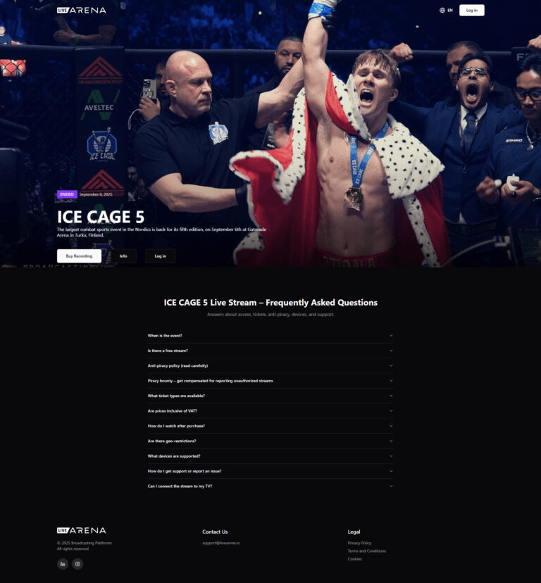Livearena: screenshot of the live site